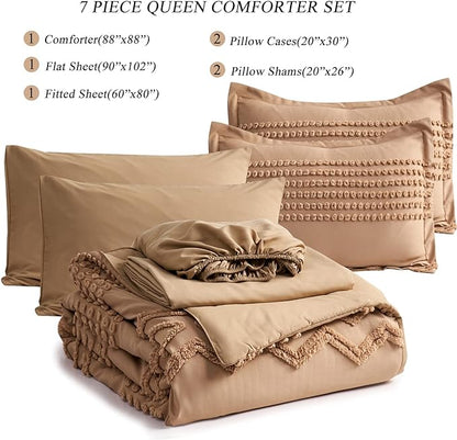 KAKIJUMN Khaki Tufted Comforter Set Queen Size 7 Piece Bed in a Bag, Shabby Chic Boho Comforter and Sheet Set, All Season Soft Microfiber Complete Bedding Set(Khaki,Queen) - LeafyLoom