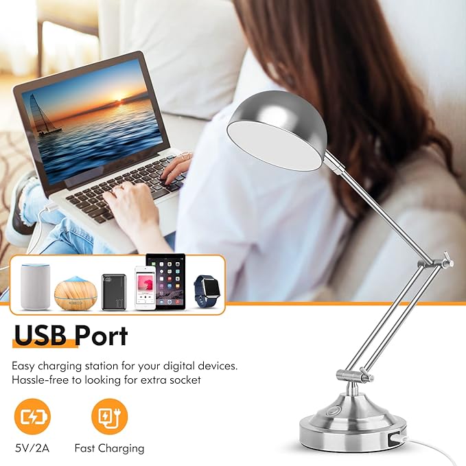 Touch Control LED Desk Lamp with USB Charging Port, Architect Brushed Nickle Lamp with Adjustable Swing Arm, Dimmable Silver Desk Lamp for Home Office Reading Study, 3000K/4000K/5000K 3 Color Modes - LeafyLoom