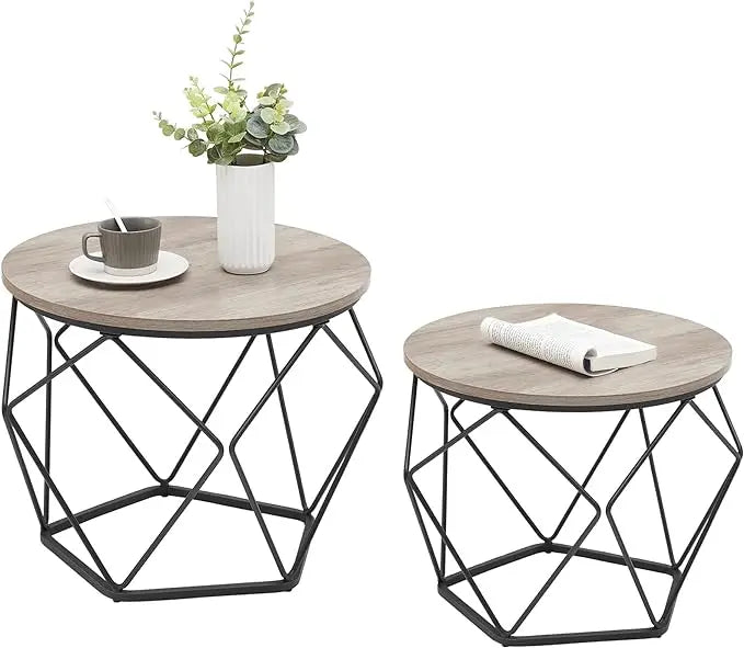 VASAGLE Small Coffee Table Set of 2, Round Coffee Table with Steel Frame, Side End Table for Living Room, Bedroom, Office, Greige and Ink Black - LeafyLoom