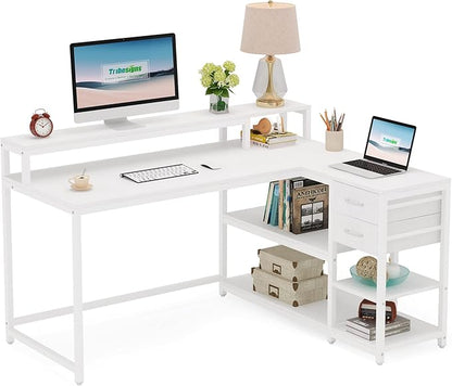 Reversible L-Shaped Computer Desk with hutch & Shelf,white - LeafyLoom