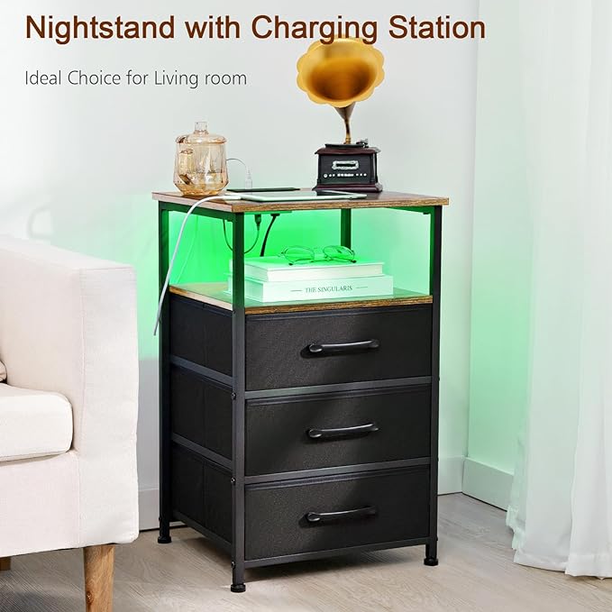 Nightstands Set of 2, Large End Tables Living Room, Bed Side Tables with Charging Station, 24.7" Tall Night Stand with 3 Fabric Drawers and LED Light Strip for Bedroom HNS013BR - LeafyLoom