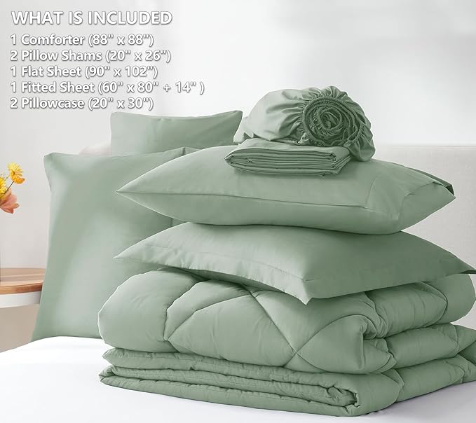 CozyLux Queen Comforter Set with Sheets 7 Pieces Bed in a Bag Sage Green All Season Bedding Sets with Comforter, Pillow Shams, Flat Sheet, Fitted Sheet and Pillowcases - LeafyLoom