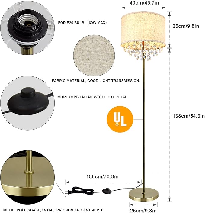 DLLT LED Floor Lamp for Living Room, Crystal Elegant Reading Standing Light for Kids Bedroom, Suit Mid Century, Modern & Farmhouse Rooms, Tall Pole with Fabric Drum Shade, Brass, E26 Warm Light - LeafyLoom