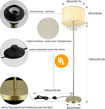 DLLT LED Floor Lamp for Living Room, Crystal Elegant Reading Standing Light for Kids Bedroom, Suit Mid Century, Modern & Farmhouse Rooms, Tall Pole with Fabric Drum Shade, Brass, E26 Warm Light - LeafyLoom