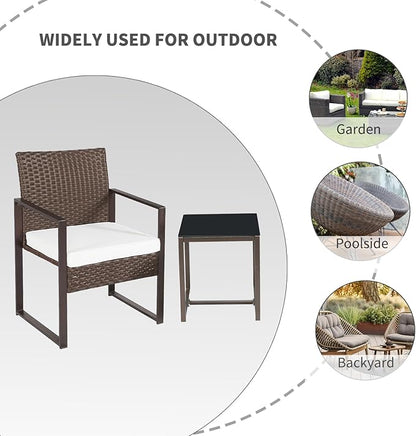 3 Pieces Patio Furniture Set Outdoor Wicker Bistro set Rattan Chair Conversation Sets with Coffee Table for Porch, Balcony,Garden,Backyard and Removable Cushions Beige - LeafyLoom