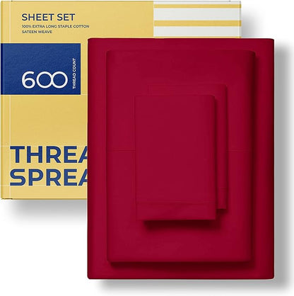 THREAD SPREAD 100% Egyptian Cotton Sheets California King Size - 600 Thread Count 4 PC Luxury Sheets Cal King Size, Soft, Cooling Hotel Luxury Bed Sheets & Pillowcases, Fits Mattress upto 18" - Red - LeafyLoom