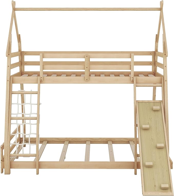 Twin Over Queen House Shape Bunk Bed, Wooden Bunk Beds House Bed with Climb Nets and Climbing Ramp for Kids Boys Girls Bedroom, No Box Spring Needed, Natural - LeafyLoom