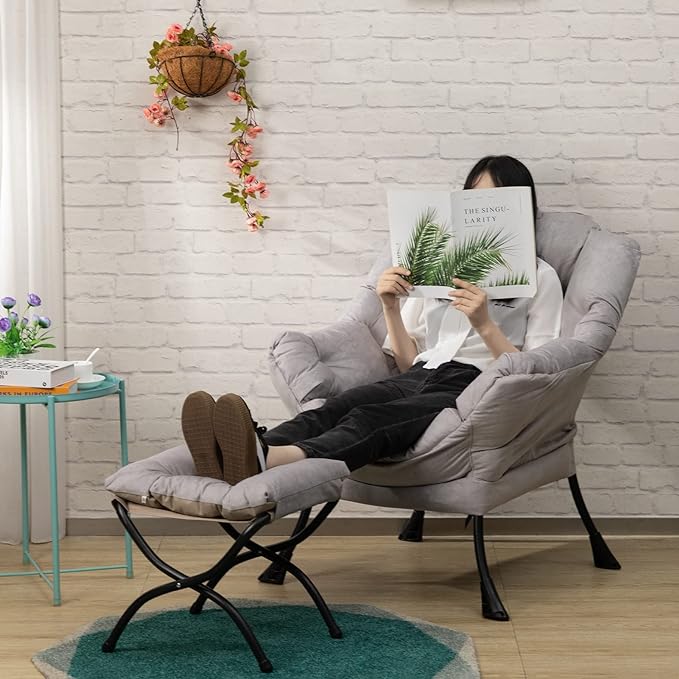 HollyHOME Fabric Lazy Chair with Foldable Ottoman Accent Comfy Lounge LeafyLoom