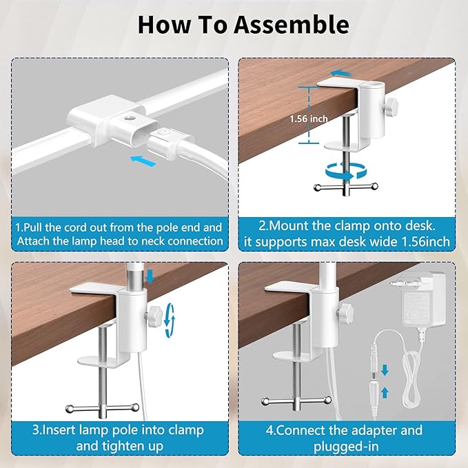 KableRika Desk lamp,Double Head LED Desk Lamp with Clamp,Architect Desk Lights for Home Office,Eye-Caring Desktop Office Lamp 4-Brightness 4-Color Table Lamp for Monitor Workbench Reading White - LeafyLoom