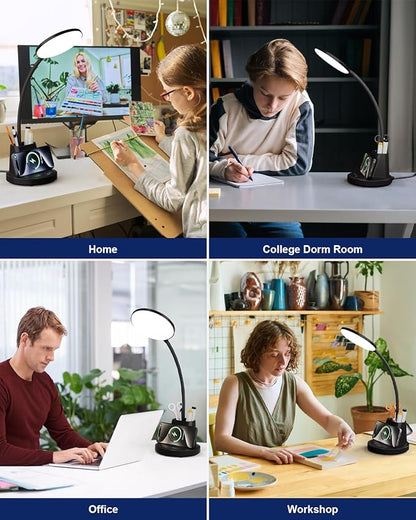 hansang LED Desk Lamp for Home Office with Wireless Charger, 3 Color Modes, Stepless Dimmable, Touch Control Black Study Lamp with Pen Holder for College Dorm Room, CRI 90, 800 Lumen, Adapter Included - LeafyLoom