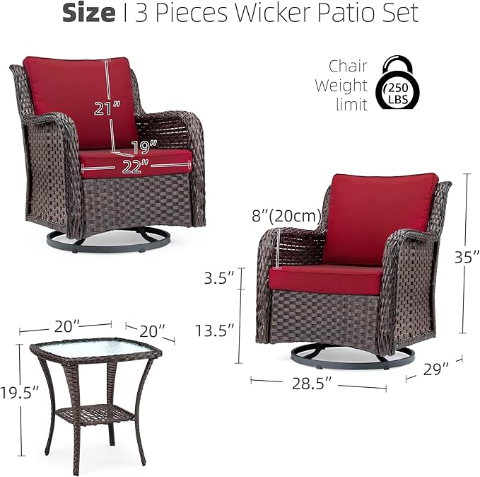 IDEALHOUSE 3 Pieces Outdoor Wicker Swivel Rocker Patio Set, 360-Degree Swivel Rocking Chair Elegant Wicker Patio Bistro Set with Tempered Glass Top Side Table (Rust Color) - LeafyLoom