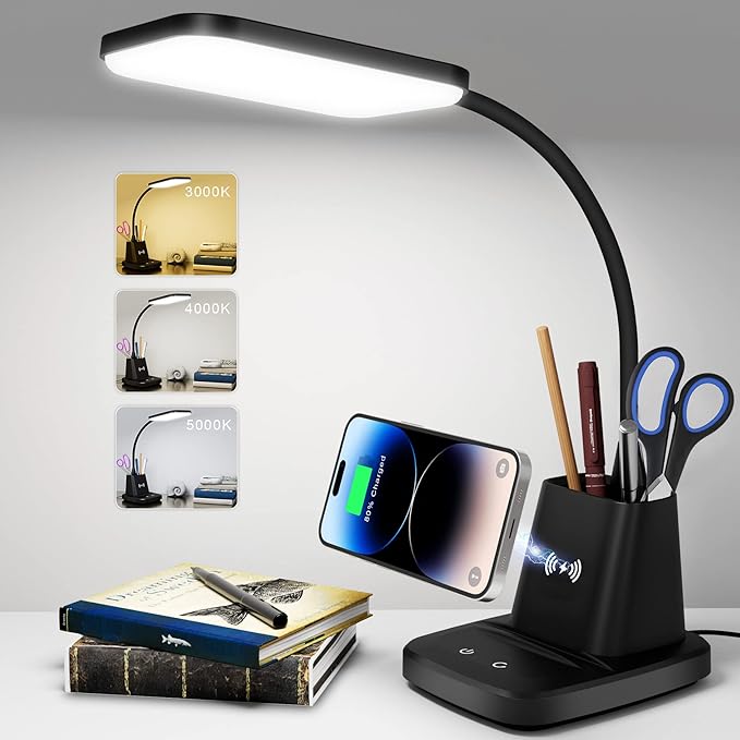 Sailstar Desk Lamp, LED Desk Lamps for Home Office, Wireless Charger Small Desk Lamp with Pen Holder, 3 Color Modes, Dimmable, CRI 85, 800 LM, Study Lamp for College Dorm Room, Adapter Included, Black - LeafyLoom