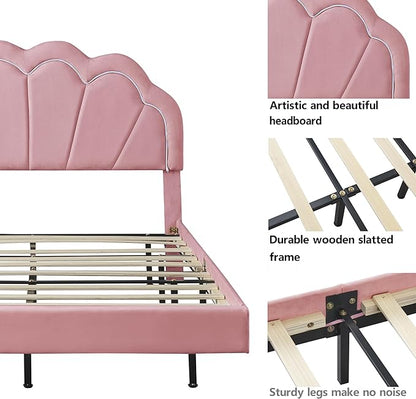 Queen Upholstered Smart LED Bed Frame with Elegant Flowers Headboard, Floating Velvet Platform LED Bed with Wooden Slats Support, No Box Spring Needed, Easy Assembly, Pink - LeafyLoom