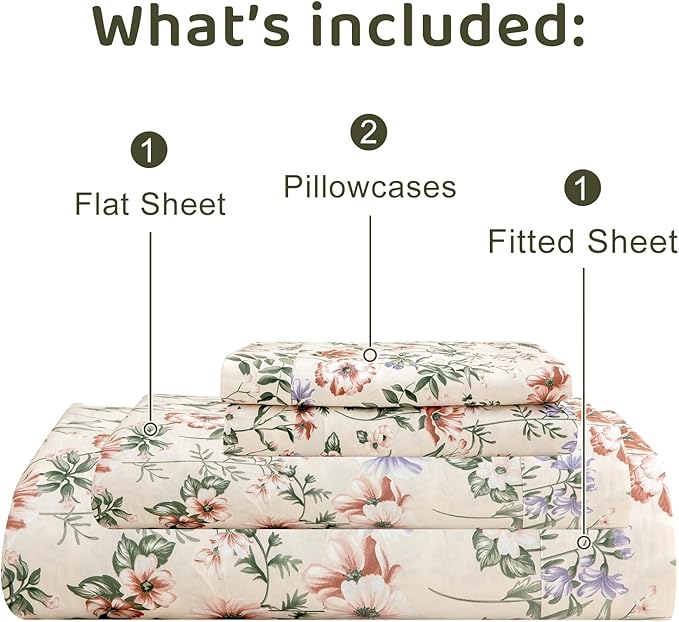 QSH Floral Egyptian Cotton Sheets Queen Size - Pink Flowers Green Leaves Pattern Printed Bedding Sheets Queen Size Bed Extra Soft and Breathable 4pcs Deep Pockets Bed Sheets - LeafyLoom