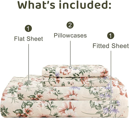 QSH Floral Egyptian Cotton Sheets Queen Size - Pink Flowers Green Leaves Pattern Printed Bedding Sheets Queen Size Bed Extra Soft and Breathable 4pcs Deep Pockets Bed Sheets - LeafyLoom