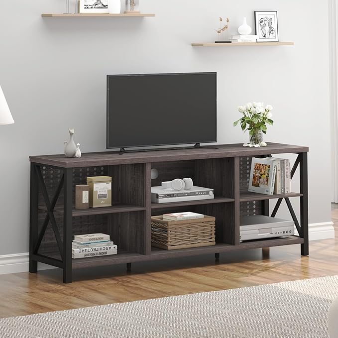 LVB Gray TV Stand for 75 Inch TV, Long Rustic Wood Entertainment Center, Large Farmhouse Media tv console with Storage, Metal Industrial television stands Cabinet for Bedroom, Dark Gray Oak, 63 Inch - LeafyLoom