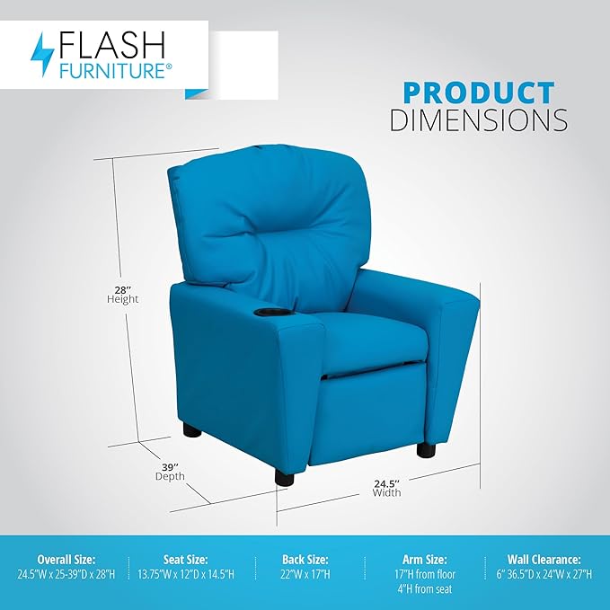 Flash Furniture Chandler Vinyl Kids Recliner with Cup Holder and Safety Recline, Contemporary Reclining Chair for Kids, Supports up to 90 lbs., Turquoise - LeafyLoom