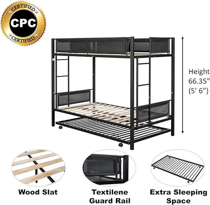 Twin over twin bunk bed with Trundle,Sturdy Metal Frame,Noise-Free Wood Slats,Comfortable Textilene Guardrail, 2 side Ladders,Space-Saving-Trundle,Bunk-Bed for Three,No Box Spring Needed,Black - LeafyLoom