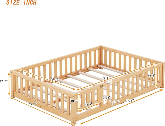 Multifunctional Full Size Floor Bed with Safety Guardrails and Door, Removable Wood Slats, Montessori Beds Frame for Toddlers, for Boys and Girls, Natural - LeafyLoom