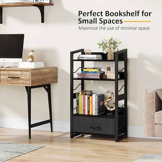 Small Bookshelf with Drawer: 4-Tier Wood Book Shelf Industrial Narrow Bookcase Storage Organizer Metal Stackable Shelves for Desktop Bedroom Living Room Home Office (Black) - LeafyLoom