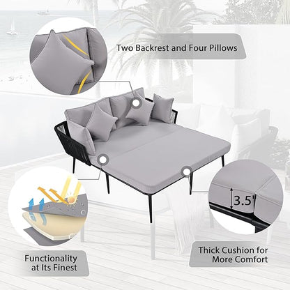 Patio Daybed Set for 2, Outdoor Furniture All-Weather Sofa Sunbed with Adjustable Iron Feet, Woven Nylon Rope Backrest, Washable Cushions and Pillows, for Balcony, Poolside, Gray - LeafyLoom