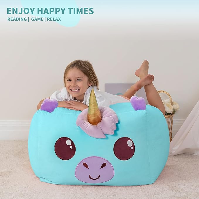 Aubliss Unicorn Stuffed Animal Storage Bean Bag Chair for Kids, Velvet Extra Soft Beanbag Chairs Cover, X-Large Stuffable Zipper Bean Bag for Organizing Plush Toys Girls Bedroom Decor, Cyan - LeafyLoom