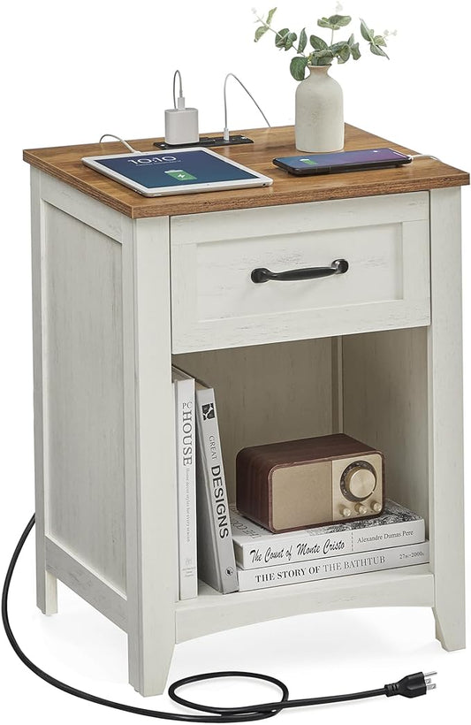 VASAGLE Farmhouse Nightstand with Charging Station, Bedside Table with Drawer, Open Compartment, Side Table with Storage, for Bedroom, Rustic White and Honey Brown ULET659K41 - LeafyLoom