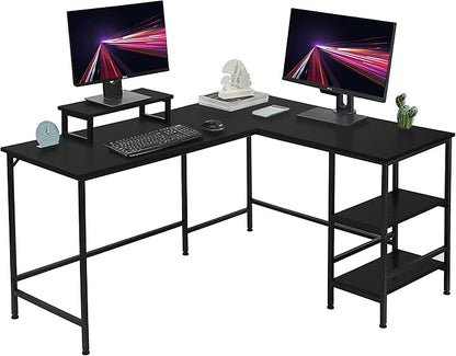 L-Shaped Desk,Corner Computer Desk with Storage Shelves,Large Gaming Desk PC Laptop Writing Workstation with Monitor Stand for Home Office Black - LeafyLoom