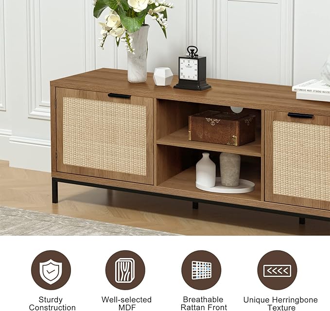 Anmytek Farmhouse Rattan TV Stand for 65 Inch TV Rustic TV Console Table with 2 Rattan Doors Modern Entertainment Center for Living Room Bedroom H0033 - LeafyLoom