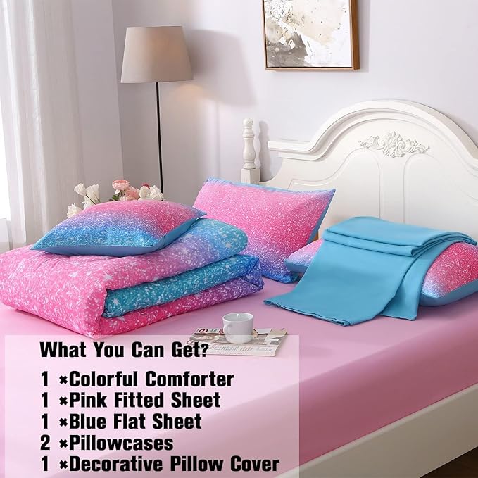 JQinHome Girls Comforter Sheet Set Full Size 6 Piece Bed in A Bag 3D Colorful Pink Rainbow Themed Bedding Set for Girls Women 1 Comforter,2 Pillowcases,1 Flat Sheet,1 Fitted Sheet,1 Cushion Cover - LeafyLoom