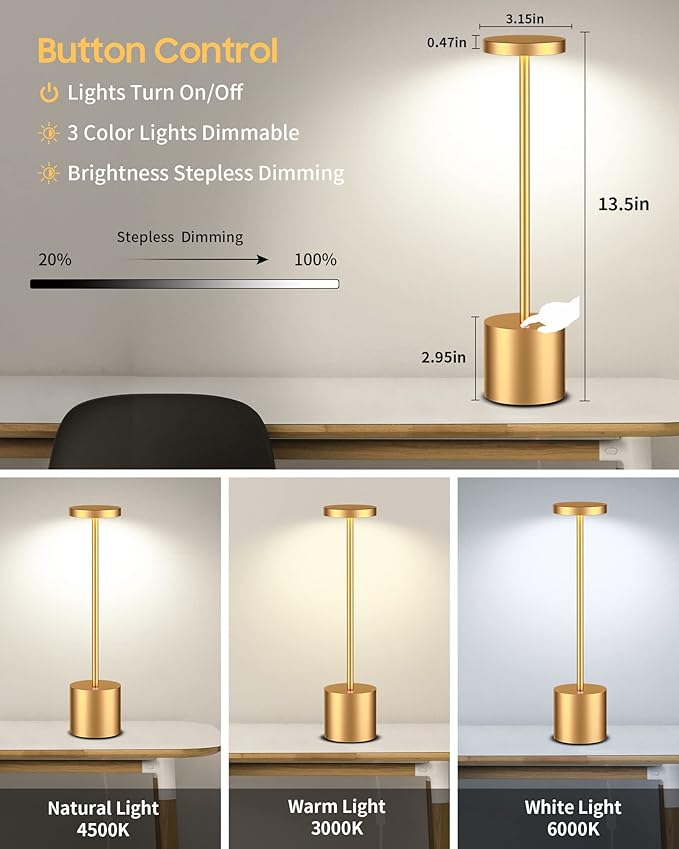 Rechargeable Cordless LED Table Lamp, Portable USB Metal Desk Lamp 6000mAh Battery Operated 3 Level Dimmable Reading Lights for Bedside Nightstand Restaurant Parlor Dining 2Pack Gold - LeafyLoom