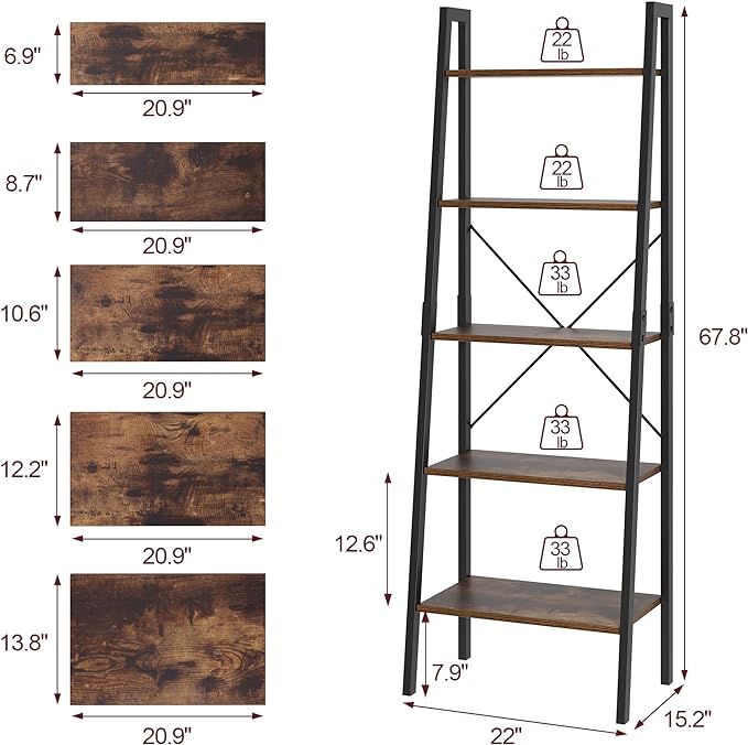 finetones 5-Tier Ladder Shelf, Ladder Bookshelf Bookcase with Metal Frame, Plant Rack Display Shelf Accent Furniture for Home Office, Black/Rustic Brown - LeafyLoom