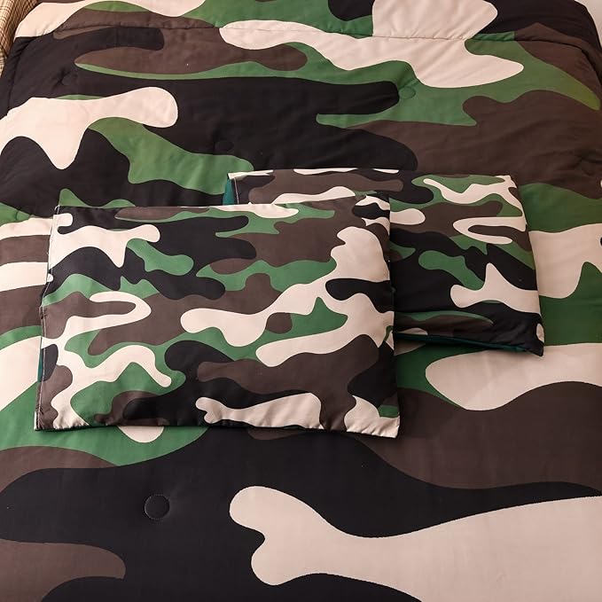 Meeting Story Camouflage Bedding Set, Colorful Pattern Style Comforter Set, 5 PCS One Comforter Two Pillowcases Two Sheets in One Bag, All Season Bedspread for Teens Adults (Green, Full 5Pcs) - LeafyLoom