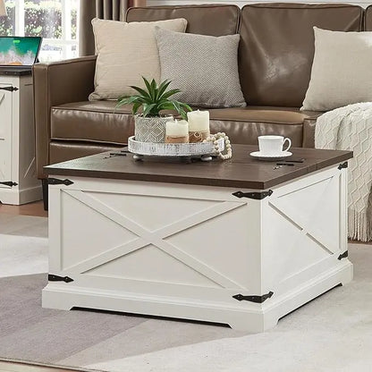 Farmhouse Square Coffee Table with Storage, Wood Center Table with Hinged Lift Top, Rustic Cocktail Table with Large Hidden Storage Compartment for Living Room, Bedroom,White - LeafyLoom