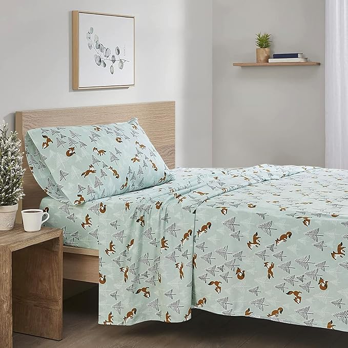 Comfort Spaces Cotton Flannel Breathable Warm Deep Pocket Sheets with Pillow Case Bedding, Twin, Seafoam Foxes 3 Piece - LeafyLoom