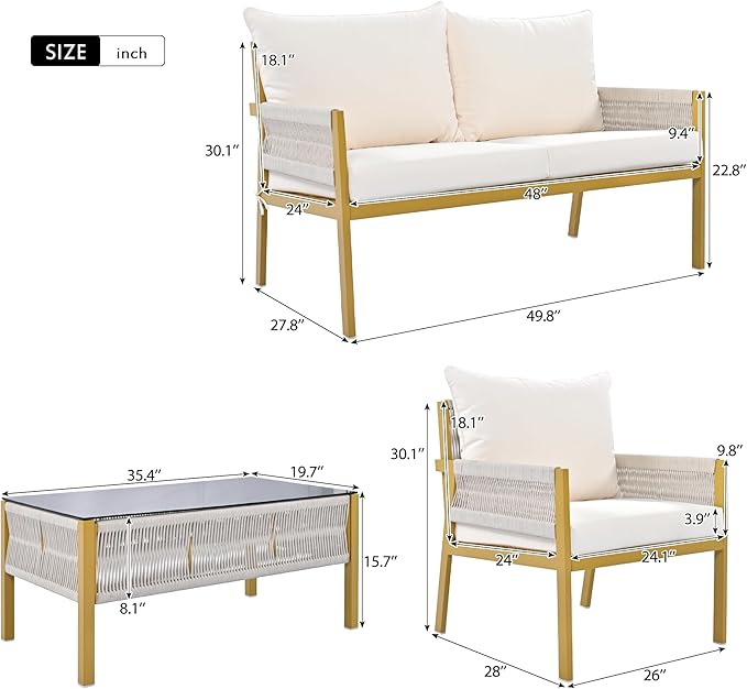 4-Piece Patio Conversation Furniture Set, Rope Weave Outdoor Loveseat Sofa with 2 Armchairs, Thick Cushion&Tempered Glass Table, for Garden Backyard, Onesize, Beige+Mustard Yellow - LeafyLoom