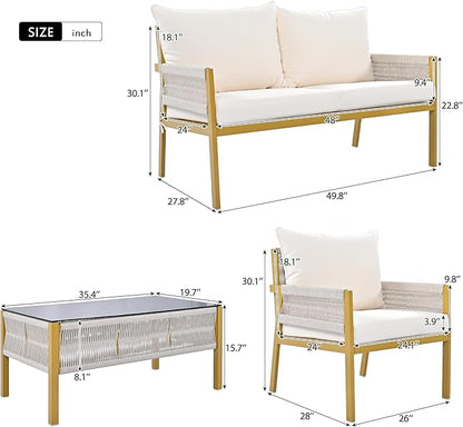 4-Piece Patio Conversation Furniture Set, Rope Weave Outdoor Loveseat Sofa with 2 Armchairs, Thick Cushion&Tempered Glass Table, for Garden Backyard, Onesize, Beige+Mustard Yellow - LeafyLoom