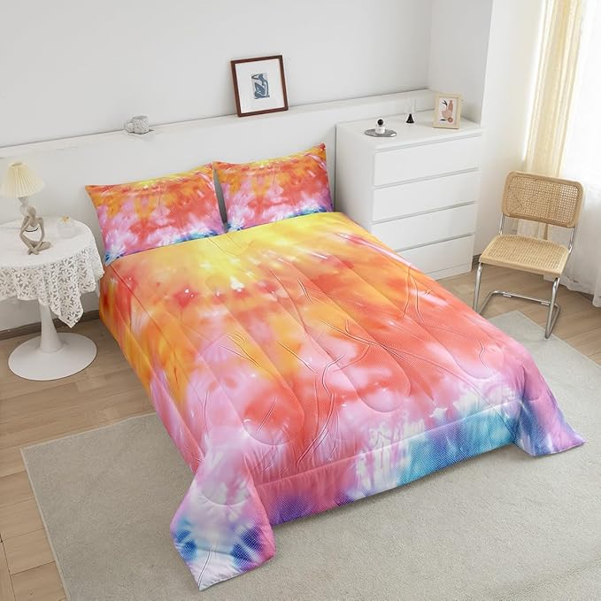 Girls Tie Dye Comforter Set with Pillowcase Trippy Bedding Boho Hippie Psychedelic Gypsy Down Comforter Twin Kids Bed Sets Soft Machine Washable Pastel Duvet Quilt Set, Orange Yellow Pink Purple Blue - LeafyLoom