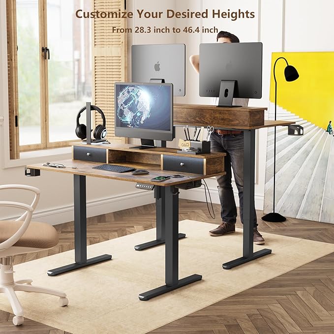 Electric Adjustable Standing Desk, Sit Stand Desk with Power Outlets & LED Lights 48”Adjustable Height Standing Desk with Drawers Adjustable Table Desk Riser for Home Office - LeafyLoom