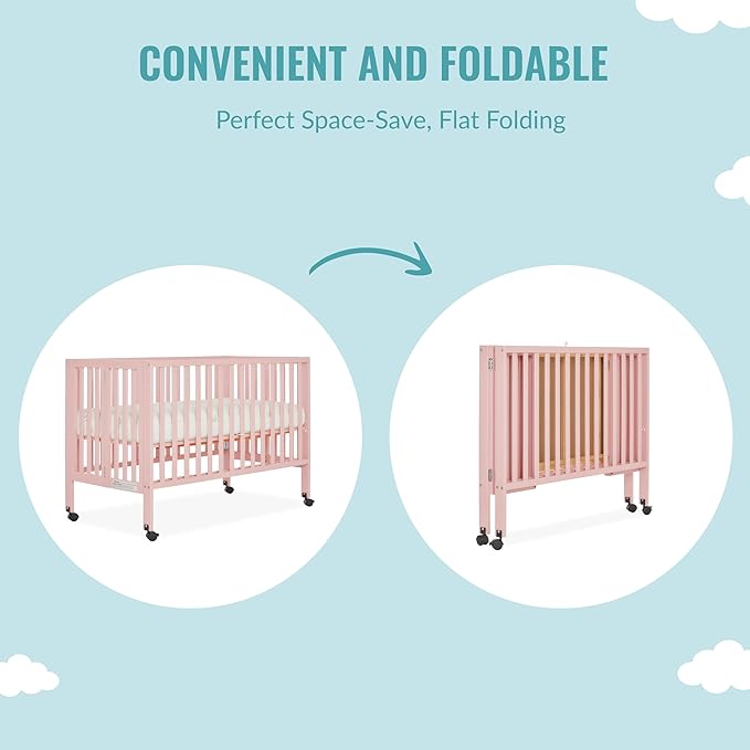 Quinn Full-Size Folding Crib in Blush Pink, Removeable Wheels, Modern Nursey, Adjustable Mattress Support, Portable Crib, Patented Folding System - LeafyLoom