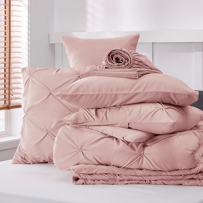 Bedsure King Size Comforter Set - Bedding Set King 7 Pieces, Pintuck Bed in a Bag Pink Bed Set with Comforter, Sheets, Pillowcases & Shams - LeafyLoom