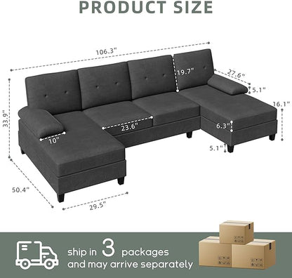 Shintenchi Sectional Couches for Living Room, U Shaped Sofa Couch with Double Chaise, 4-Seat Living Room Furniture Sets with Soft Cushion & Linen Fabric, Black - LeafyLoom