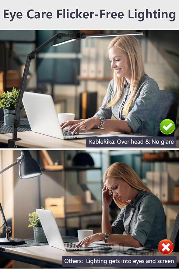 KableRika Desk Lamp,Double Head Desk Lamp with Clamp,24W Led Desk Lights for Home Office Ultra Bright Architect Table Lamp 4 Brightness 4 Color,Auto Dimming Task Lamp for Monitor Work Study - LeafyLoom