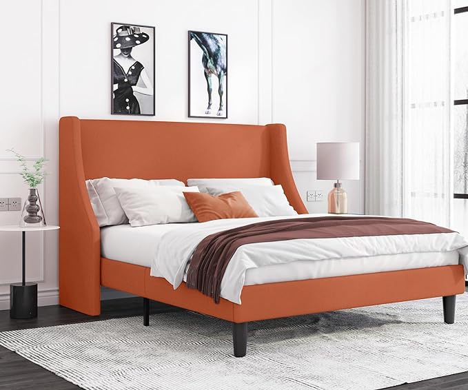 Allewie Full Size Bed Frame, Platform Bed Frame with Upholstered Headboard, Modern Deluxe Wingback, Wood Slat Support, Mattress Foundation, Burnt Orange - LeafyLoom