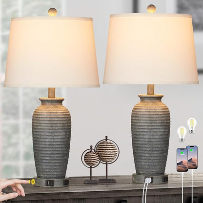 25" Farmhouse Jar Table Lamps Set of 2, 3 Way Touch Control Rustic Bedside Lamps with USB A+C Ports & AC Outlet, Pot Nightstand Lamps for Bedroom Living Room (LED Bulbs Included) - LeafyLoom