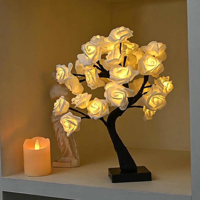 Rose Flower Tree Lamp, Led Rose Table Lamp Gift for Teens Girls Mother Home , Battery Powered, Romantic Tabletop Night Lighting for Bedroom Living Room Party Wedding Valentine's Day Desk Decor - LeafyLoom