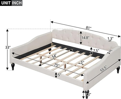 Full Size Upholstered Daybed,Linen Sofa Bed with Button Tufted Back & Nailhead Decorated Waved Shape Arms,Slat Support,No Spring Box Need,Bedframe for Bedroom Livingroom Small Space,Beige - LeafyLoom