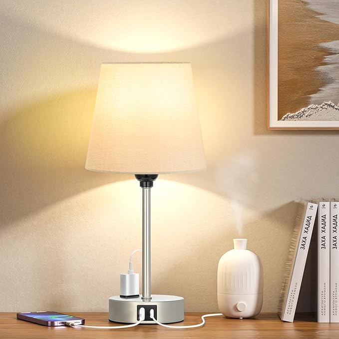 Table Lamps for Bedrooms Set of 2 Bedside - Nightstand Bedroom Lamp with USB C Port and AC Outlet Charging, Dimmable Touch Small End Side Lamp, Grey Night Stand Light for Kid/Guest Room/Living Room - LeafyLoom