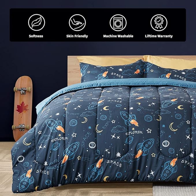 SLEEP ZONE Kids Twin Bedding Comforter Set - Super Cute & Soft Kids Bedding 5 Pieces Set with Comforter, Sheet, Pillowcase & Sham (Space Rocket) - LeafyLoom