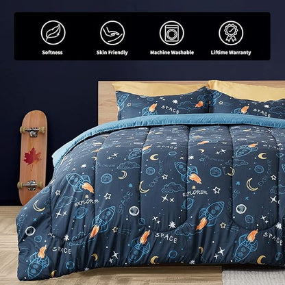 SLEEP ZONE Kids Twin Bedding Comforter Set - Super Cute & Soft Kids Bedding 5 Pieces Set with Comforter, Sheet, Pillowcase & Sham (Space Rocket) - LeafyLoom